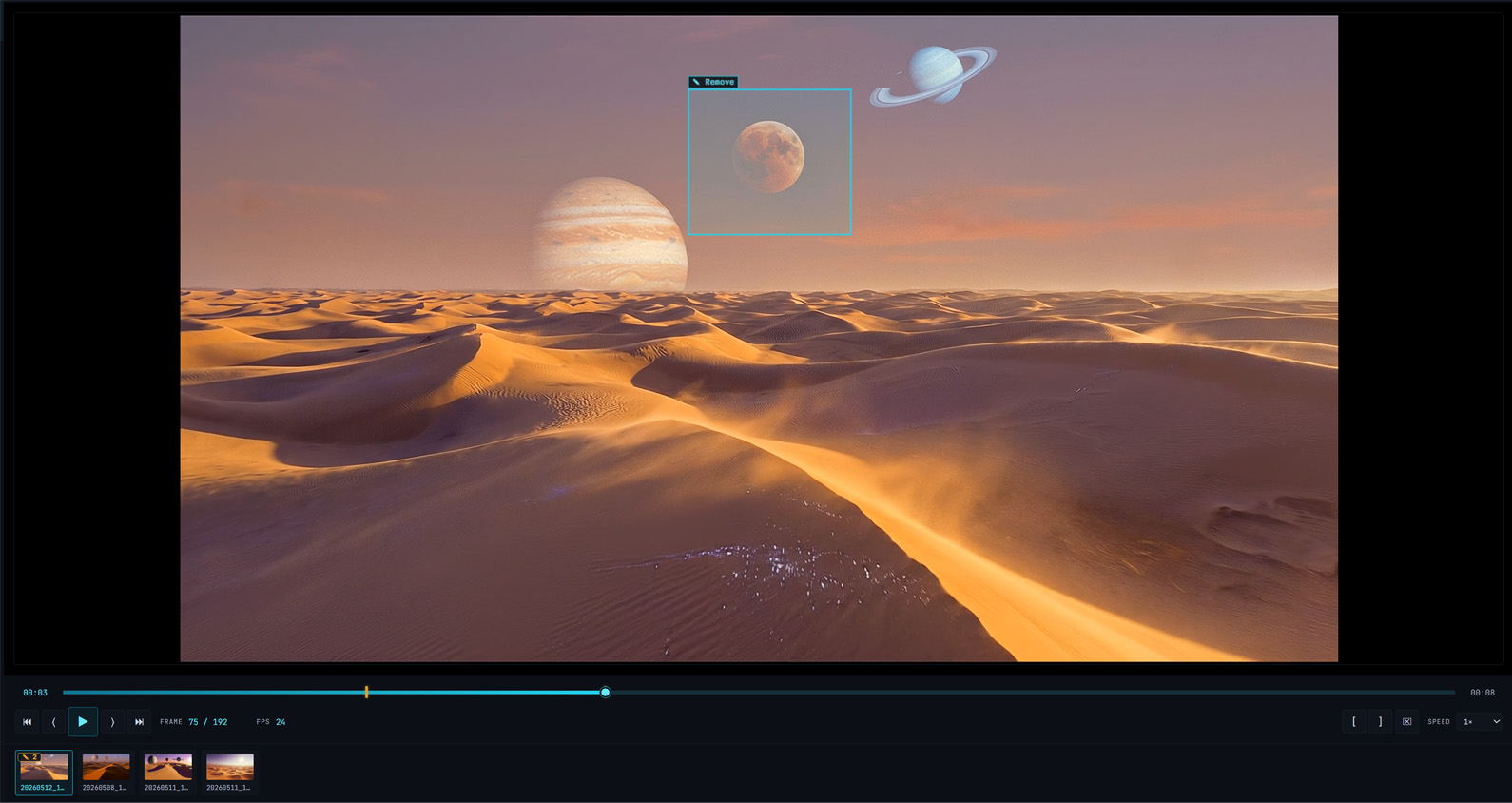 SPECTACLE viewer with a cyan region rectangle drawn around a character's face, label badge reading 'fix eyeline drift' in the top-left of the rectangle, amber marker on the scrubber timeline