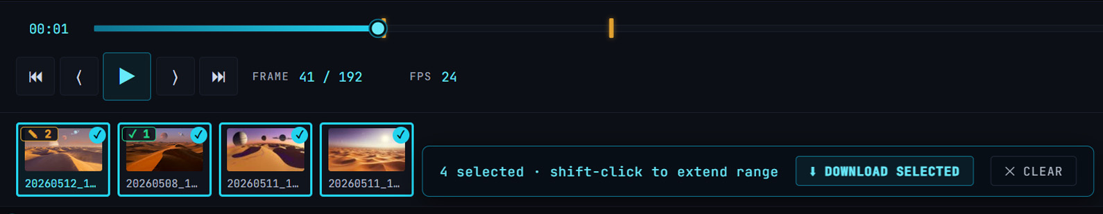 SPECTACLE strip with 6 of 10 thumbnails highlighted cyan with checkmarks, floating dark bar at the bottom of the viewer reading '6 selected · shift-click to extend range · Download selected · Clear'