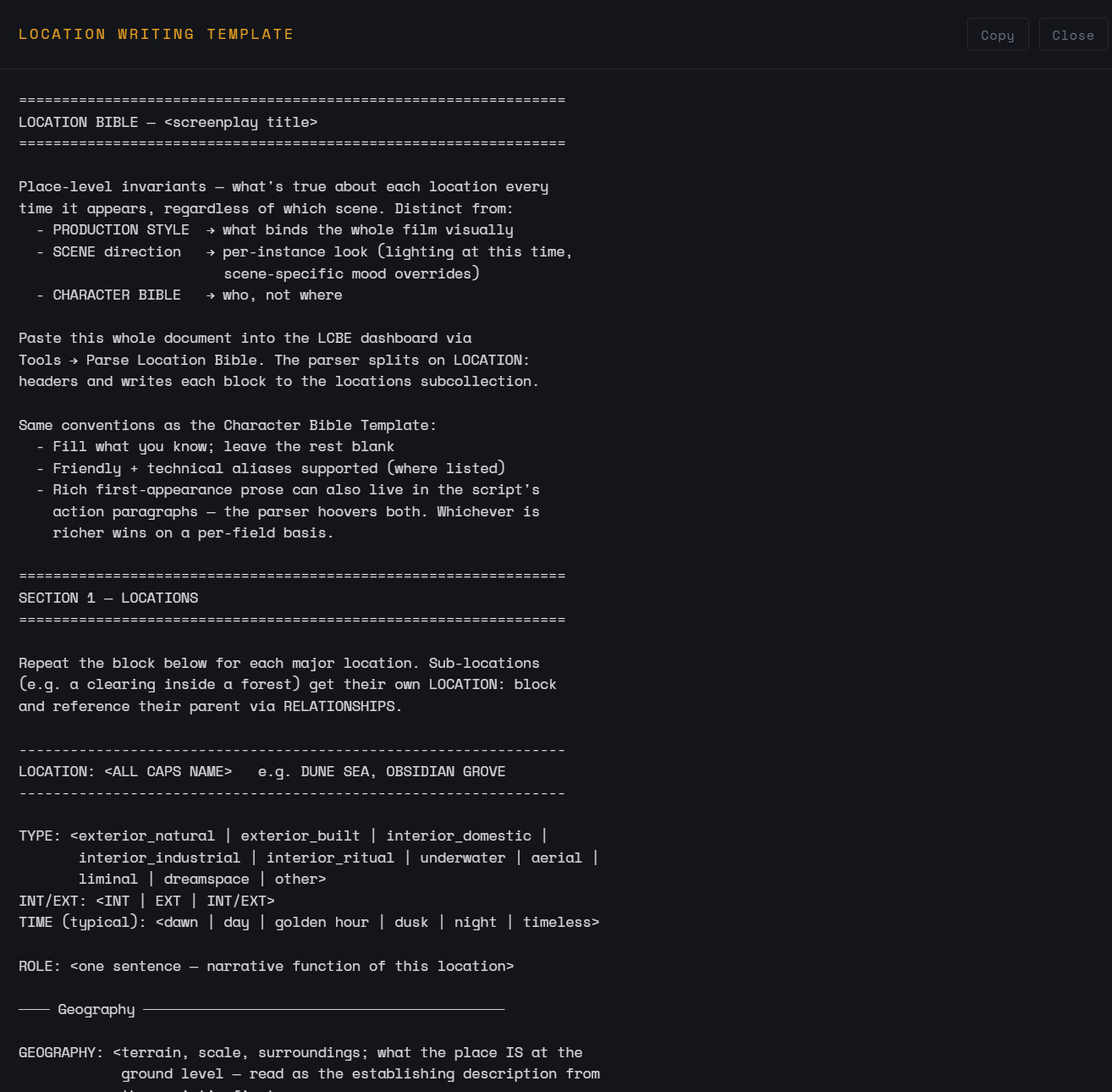 Location writing template preview